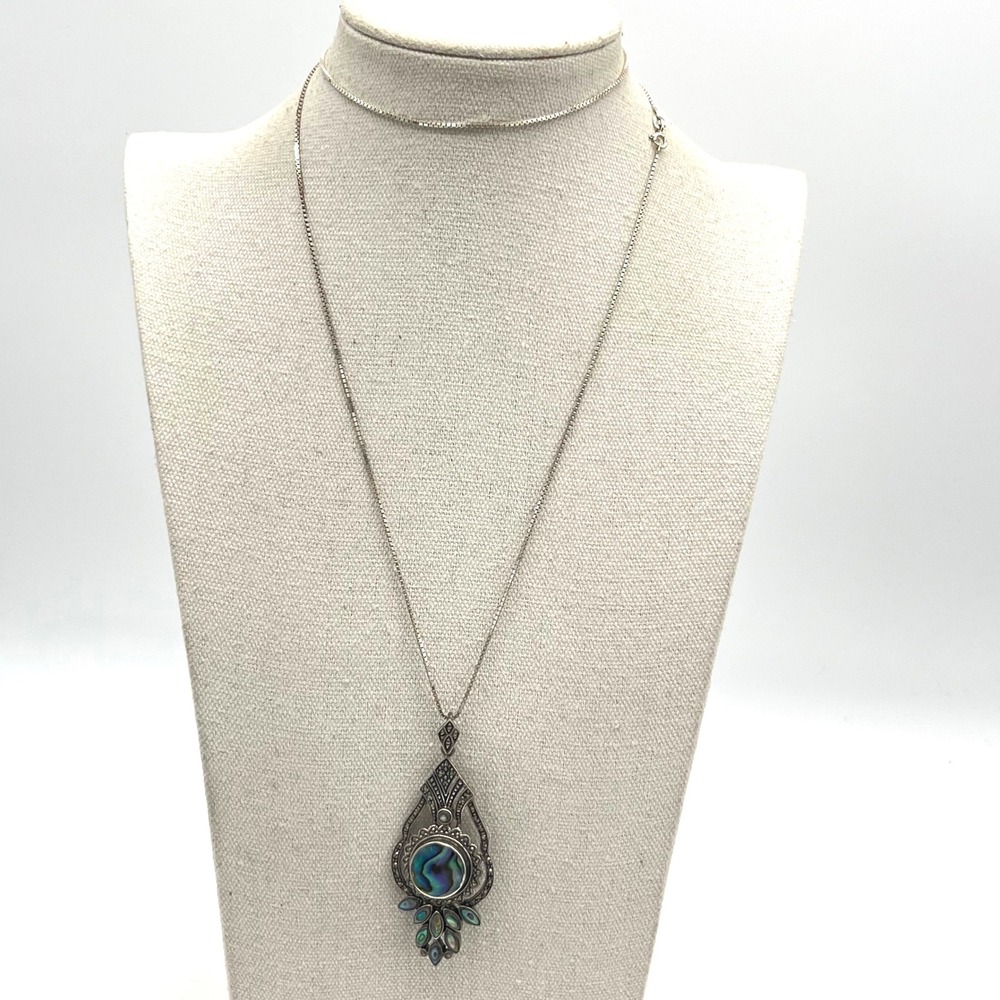 Sterling Silver Abalone Marcasite Pendant Brooch Necklace 30 Inch Box Chain 925 - Picture 2 of 9